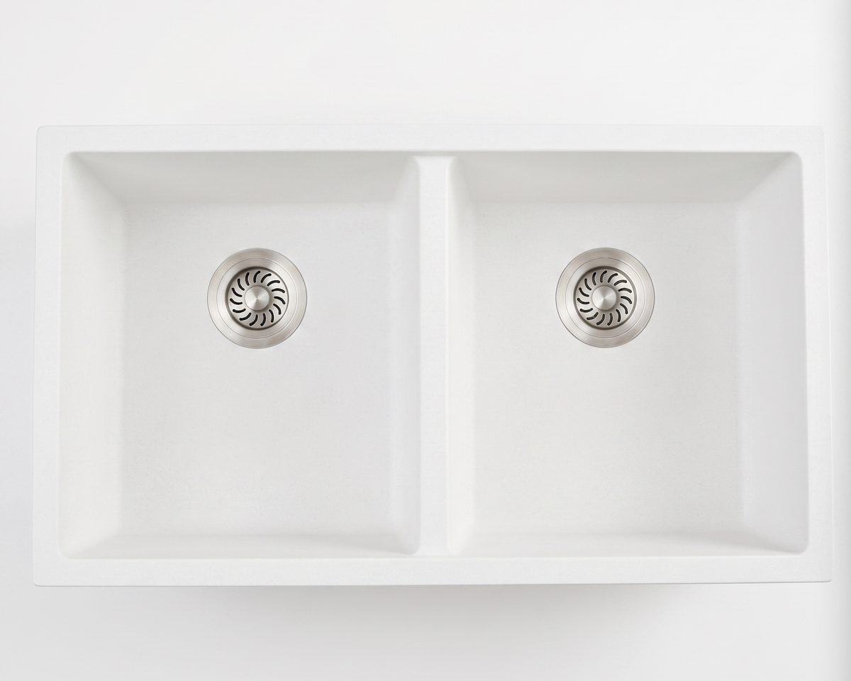Rani Double Bowl Sink No Taphole Granite White. 790x460x227