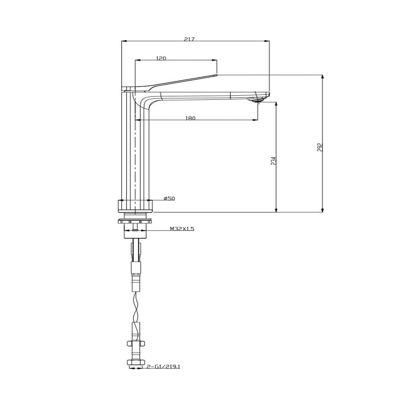 Rushy Tall Basin Mixer dimension drawing