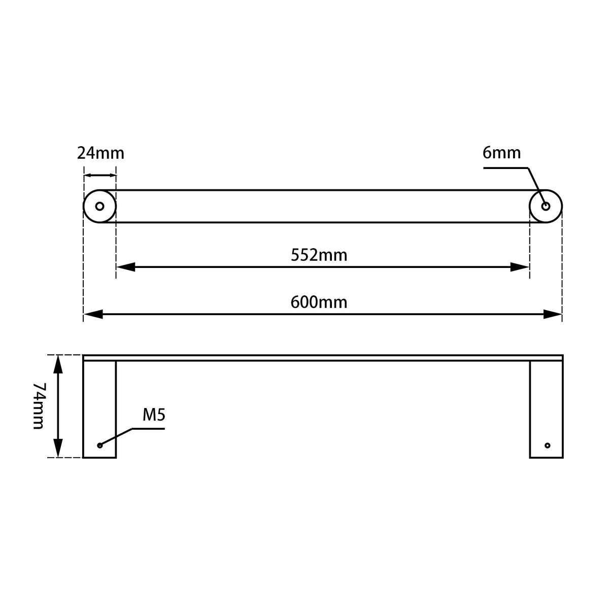 Rushy Single Towel Rail 600mm dimension drawing