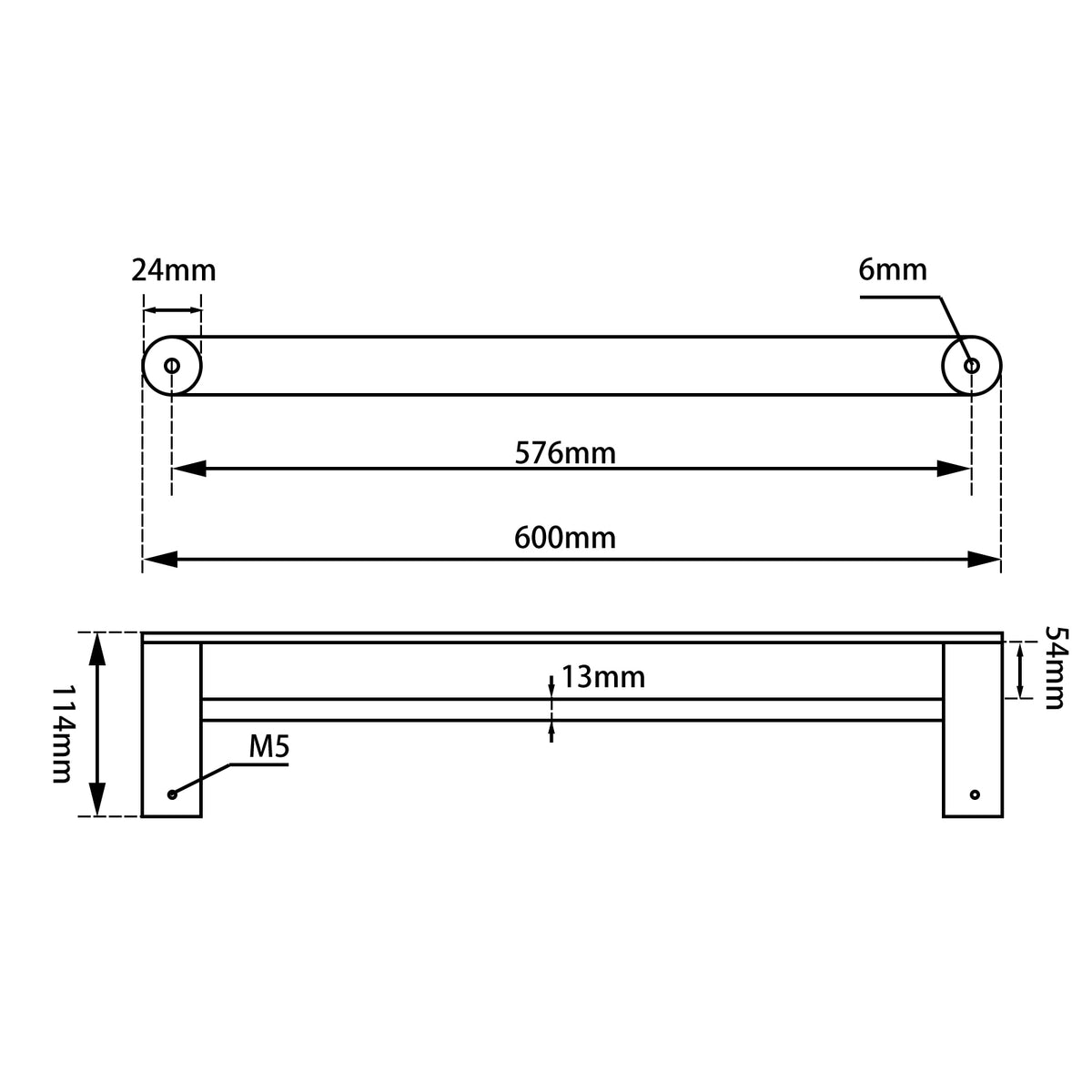 Rushy Double Towel Rail 600mm dimension drawing