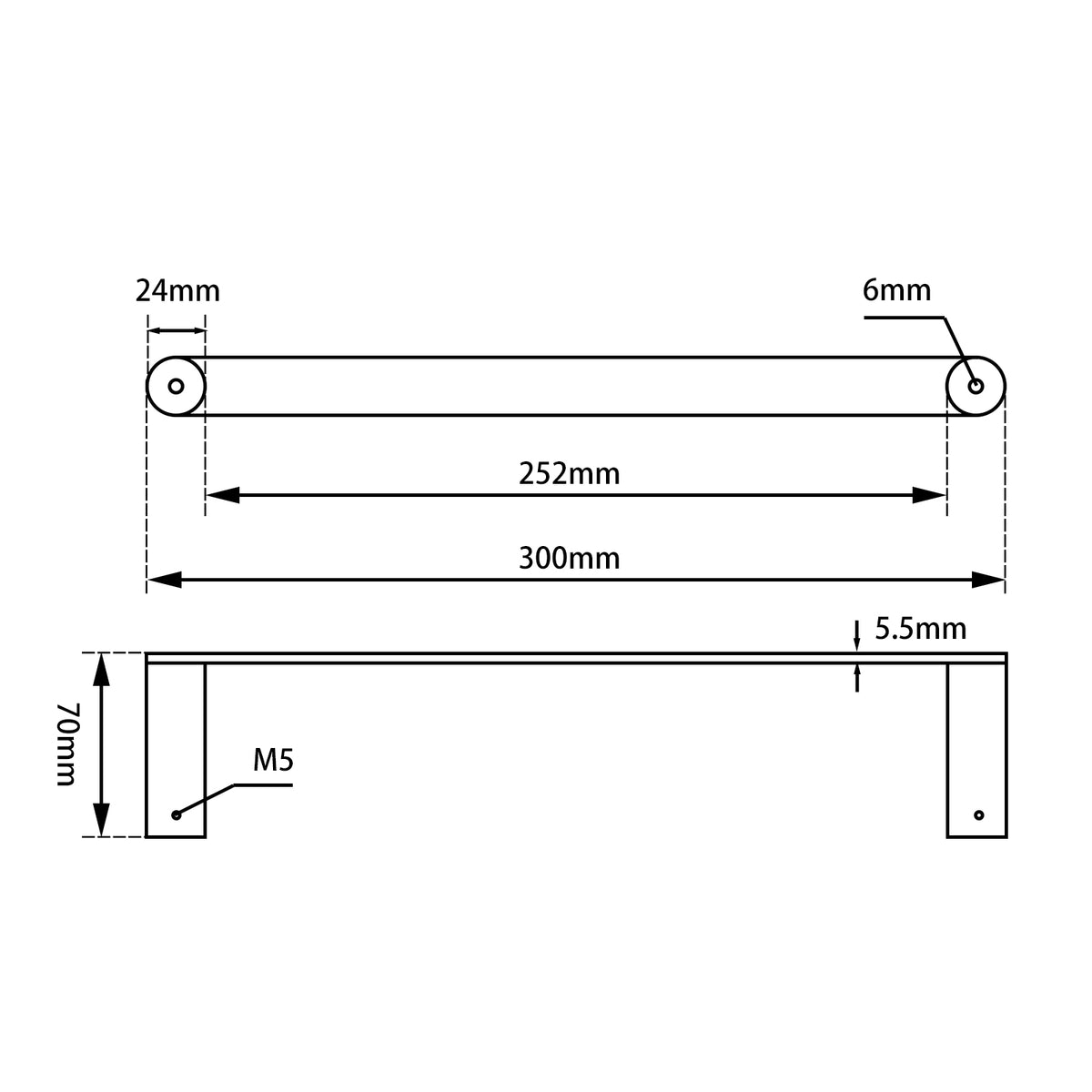 Rushy Hand Towel Rail 300mm dimension drawing